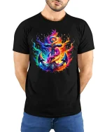 Fiery Anchor Nautical Flame T-shirt - model with hands behind back, wearing Black T-shirt and blue jeans