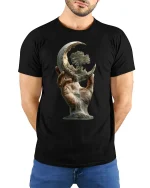 Surreal Moon Hand Tree Nature T-shirt - model with hands behind back, wearing Black T-shirt and blue jeans
