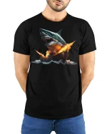 Giant Shark vs Warship Epic Battle T-shirt - model with hands behind back, wearing Black T-shirt and blue jeans