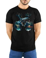 Majestic Deer Mountain Forest Wildlife T-shirt - model with hands behind back, wearing Black T-shirt and blue jeans