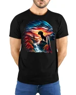 Wolf Spirit Mountain Sunset Nature T-shirt - model with hands behind back, wearing Black T-shirt and blue jeans