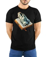 Faithful Prayer Hands Bible Graphic Tee - model with hands behind back, wearing Black T-shirt and blue jeans