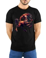 Fierce Centaur Warrior Mythology T-shirt - model with hands behind back, wearing Black T-shirt and blue jeans