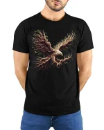 Nature Spirit Eagle Tree Roots T-shirt - model with hands behind back, wearing Black T-shirt and blue jeans