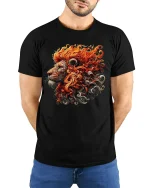 Fiery Lion Head Artistic Flames T-shirt - model with hands behind back, wearing Black T-shirt and blue jeans