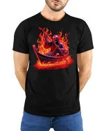Grim Reaper Fiery Boat Ride T-shirt - model with hands behind back, wearing Black T-shirt and blue jeans