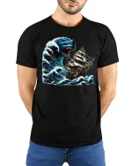 Sea Monster Ship Attack Tee - model with hands behind back, wearing Black T-shirt and blue jeans
