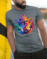Fiery Anchor Nautical Flame T-shirt - model leaning on yellow-black pole, wearing Gray T-shirt, hand in pocket