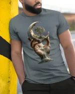 Surreal Moon Hand Tree Nature T-shirt - model leaning on yellow-black pole, wearing Gray T-shirt, hand in pocket