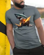 Giant Shark vs Warship Epic Battle T-shirt - model leaning on yellow-black pole, wearing Gray T-shirt, hand in pocket
