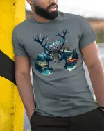 Majestic Deer Mountain Forest Wildlife T-shirt - model leaning on yellow-black pole, wearing Gray T-shirt, hand in pocket