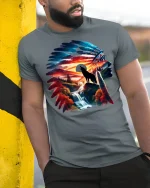 Wolf Spirit Mountain Sunset Nature T-shirt - model leaning on yellow-black pole, wearing Gray T-shirt, hand in pocket