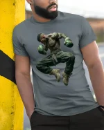 Fighter Spirit Boxing Champion T-shirt - model leaning on yellow-black pole, wearing Gray T-shirt, hand in pocket