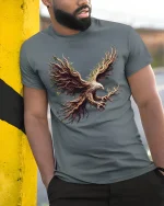 Nature Spirit Eagle Tree Roots T-shirt - model leaning on yellow-black pole, wearing Gray T-shirt, hand in pocket