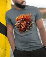 Fiery Lion Head Artistic Flames T-shirt - model leaning on yellow-black pole, wearing Gray T-shirt, hand in pocket