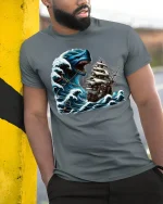 Sea Monster Ship Attack Tee - model leaning on yellow-black pole, wearing Gray T-shirt, hand in pocket