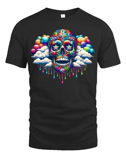 Psychedelic Skull Clouds Graphic Tee - black t-shirt on white background