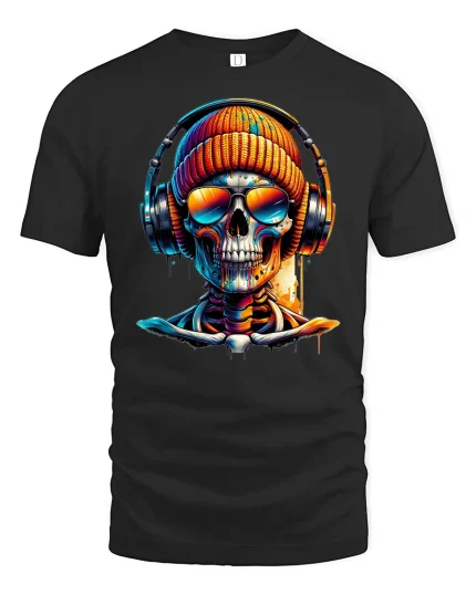 Skull DJ Headphones Tee - black t-shirt on white background