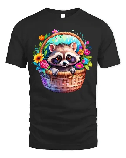 Cute Raccoon Basket Tee - black t-shirt on white background