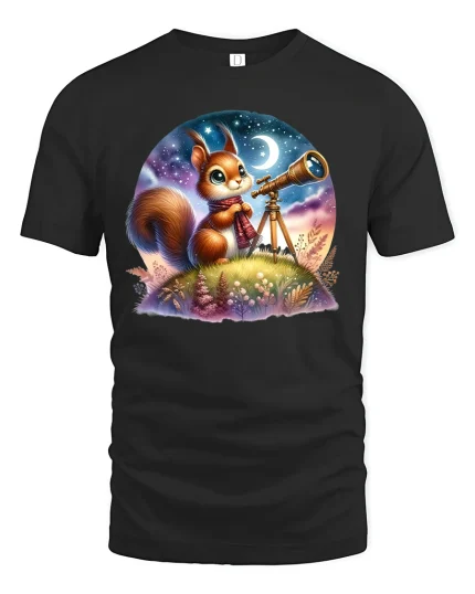 Stargazing Squirrel Tee Cute Night Sky T-shirt - black t-shirt on white background