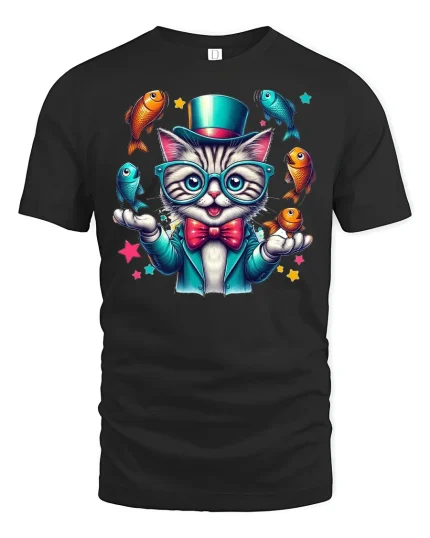 Funny Juggling Cat Tee - black t-shirt on white background