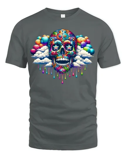 Psychedelic Skull Clouds Graphic Tee - gray t-shirt on white background