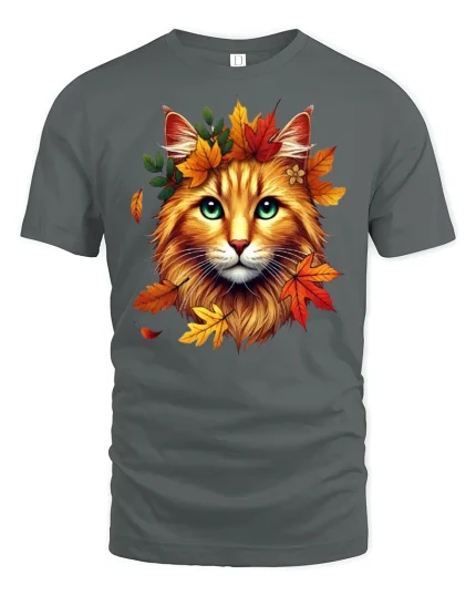 Autumn Leaves Cat Tee - gray t-shirt on white background