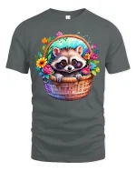 Cute Raccoon Basket Tee - gray t-shirt on white background