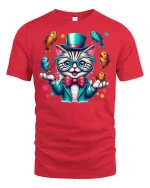 Funny Juggling Cat Tee - red t-shirt on white background