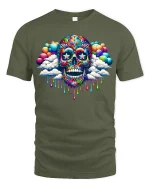 Psychedelic Skull Clouds Graphic Tee - military green t-shirt on white background