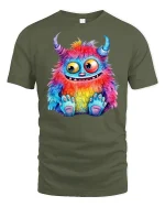 Rainbow Monster Graphic Tee Cute Colorful Creature - military green t-shirt on white background