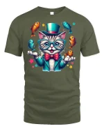Funny Juggling Cat Tee - military green t-shirt on white background