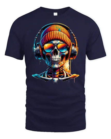 Skull DJ Headphones Tee - navy t-shirt on white background