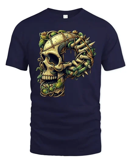 Gothic Skull Vines Tee - navy t-shirt on white background