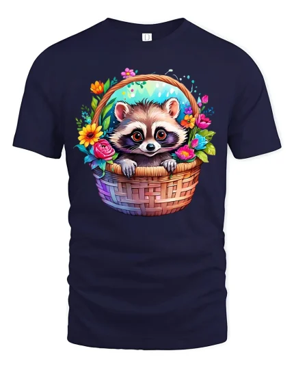 Cute Raccoon Basket Tee - navy t-shirt on white background