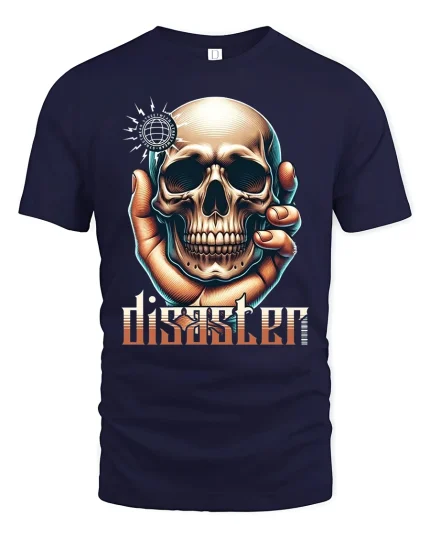 Disaster Skull Hand Tee - navy t-shirt on white background