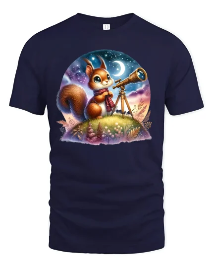 Stargazing Squirrel Tee Cute Night Sky T-shirt - navy t-shirt on white background
