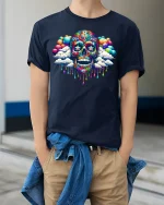 Psychedelic Skull Clouds Graphic Tee - model wearing Navy T-shirt, hands in pockets, denim shirt at waist