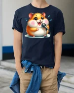 Singing Hamster Tee Cute Music Lover T-shirt - model wearing Navy T-shirt, hands in pockets, denim shirt at waist