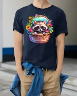 Cute Raccoon Basket Tee - model wearing Navy T-shirt, hands in pockets, denim shirt at waist