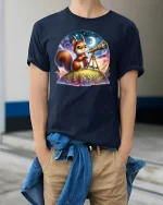 Stargazing Squirrel Tee Cute Night Sky T-shirt - model wearing Navy T-shirt, hands in pockets, denim shirt at waist