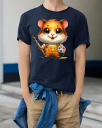Hamster Artist Tee Cute Painter T-shirt - model wearing Navy T-shirt, hands in pockets, denim shirt at waist