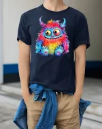 Rainbow Monster Graphic Tee Cute Colorful Creature - model wearing Navy T-shirt, hands in pockets, denim shirt at waist