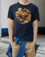 Golden Armored Crab Graphic Tee - model wearing Navy T-shirt, hands in pockets, denim shirt at waist