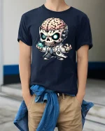 Mad Scientist Skull Graphic Tee - model wearing Navy T-shirt, hands in pockets, denim shirt at waist
