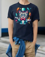 Funny Juggling Cat Tee - model wearing Navy T-shirt, hands in pockets, denim shirt at waist