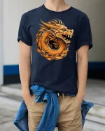 Fierce Dragon Graphic Tee Mythical Beast - model wearing Navy T-shirt, hands in pockets, denim shirt at waist