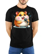 Singing Hamster Tee Cute Music Lover T-shirt - model with hands behind back, wearing Black T-shirt and blue jeans