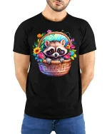 Cute Raccoon Basket Tee - model with hands behind back, wearing Black T-shirt and blue jeans