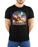 Stargazing Squirrel Tee Cute Night Sky T-shirt - model with hands behind back, wearing Black T-shirt and blue jeans